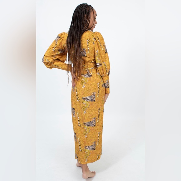Rhode Aspen Serengeti Yellow Puff Sleeve Animal Print Zebra Wrap MIDI Dress - Picture 7 of 14